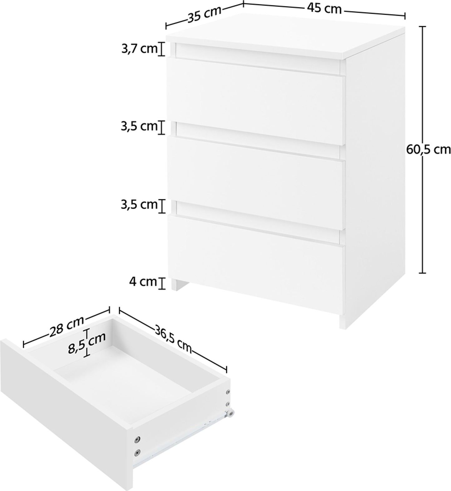 Yaheetech Nachttafel met 3 Lades - Wit - 45,5 x 35,5 x 60,5 cm