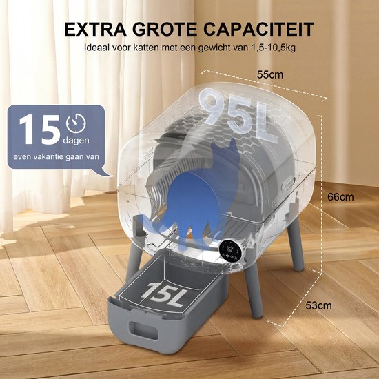 Zelfreinigende Kattenbak - Grote Capaciteit Automatische Kattenbak -XXL 95L -Electrische Kattenbak- Incl. App-Met Kattenbakmat en 3 rollen opvangzakjes