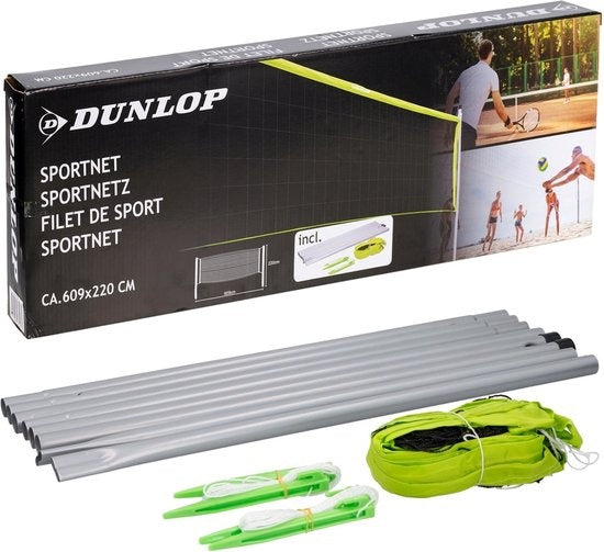 Dunlop Sportnet 609 x 220 CM - Volleybalnet - Tennisnet - Badmintonnet - Complete Set met Stokken, Net, Grondpinnen en Spanner Touwen - Multifunctioneel Inzetbaar - Groen/Zwart