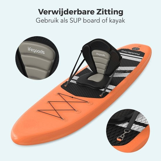 LifeGoods SUP Board - met Zitje - Opblaasbaar Paddle Board - Complete Set - Max. 135KG - 320x81cm - Oranje
