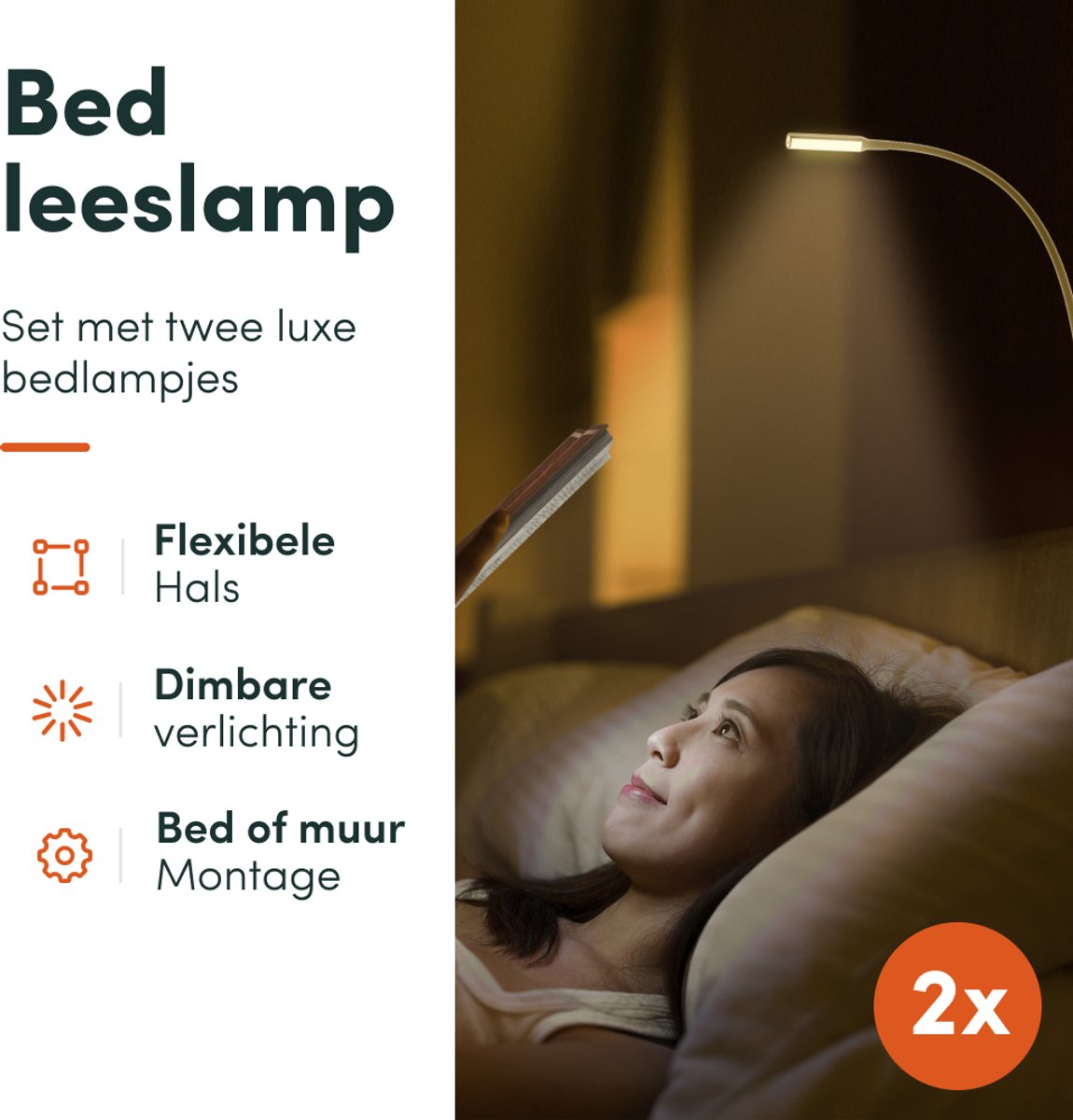 Nolt - Leeslamp Bedlampje - Dimbaar LED, Set van 2, Klem - Hoogte 58 cm - Metaal - Goud