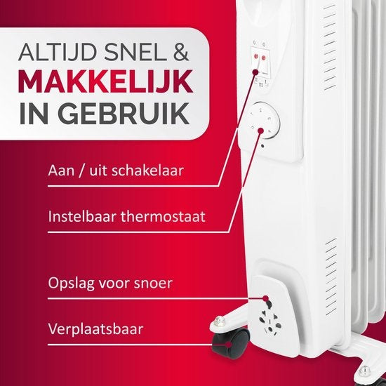 alpina Elektrische Olieradiator - Kachel met Thermostaat - Elektrische Verwarming - Bijverwarming - 1500W - Wit