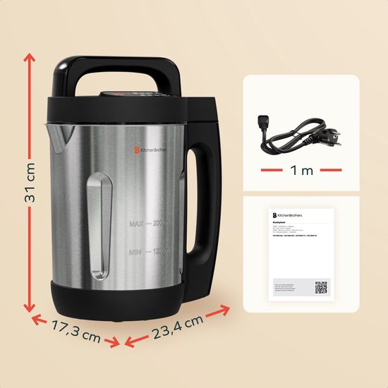 KitchenBrothers Soepmaker - 2L - 5 Programma's - PFAS & BPA-vrij - Timer Display - Blender - RVS/Zwart