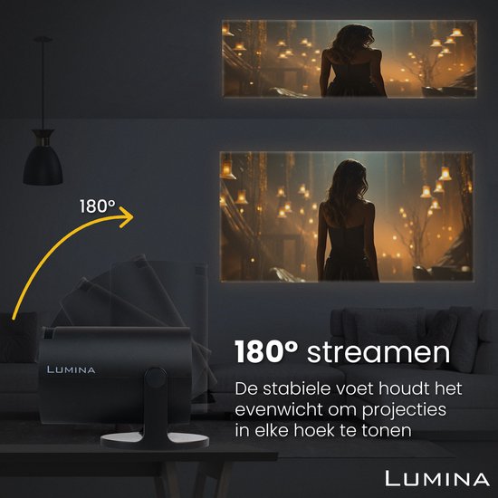 Lumina® Pro Mini Beamer 2026 – Android 14 Smart Projector met Google Playstore – Thuisbioscoop – Voor iOS & Android – WiFi 6 & Bluetooth 5.4 – Zwart