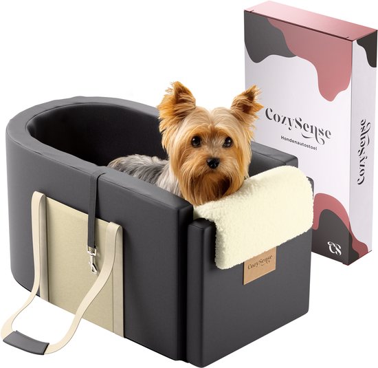 CozySense® Honden Autostoel - Hondenmand Auto met Wasbare Hoes - Voor Kleine Hond - Past in Middenconsole - Ook als Draagtas - Zwart/Beige