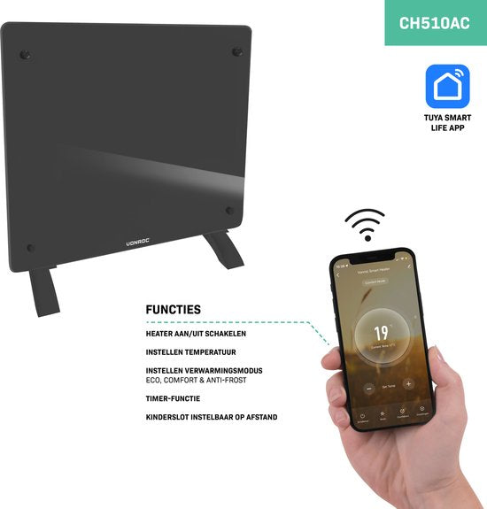 VONROC Luxe elektrische kachel - Convectorkachel met glazen paneel – 500W/1000W - Verwarmt ruimtes tot 12m2 - Bediening zowel met app (via Wifi) als handmatig – Instelbare thermostaat en timer - Grijs