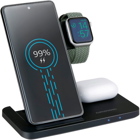 Grundig 3-in-1 Draadloze Oplader – Snellader Oplaadstation voor Smartphone, Smartwatch, Oortjes - Draadloze Oplader iPhone en Samsung - Wireless Charger – Opvouwbaar Design
