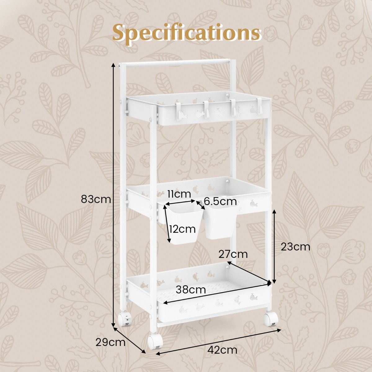 Coast Opbergwagen - 3 niveaus - met haken en bekers - wit 42 x 29 x 83 cm