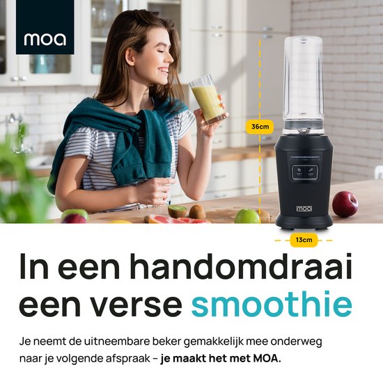 MOA Blender - Smoothie Maker met 2 Tritan Bekers van 600ml - Mini Blender To Go - 800W - RVS - Zwart