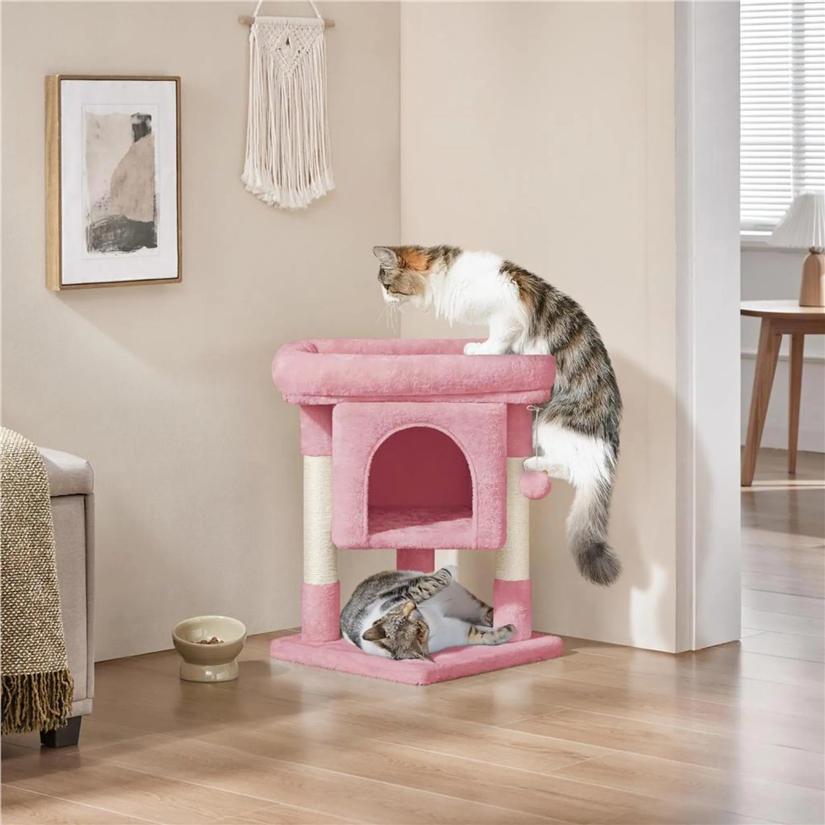 Yaheetech Krabpaal Met Hangmat – Voorzien Van Knus Kattenhol En Twee Sisalpalen En Zachte Ligplek – Voor Kittens En Kleine Katten – Lichtroze Pluche En Sisal – 40,5 x 40,5 x 59 cm