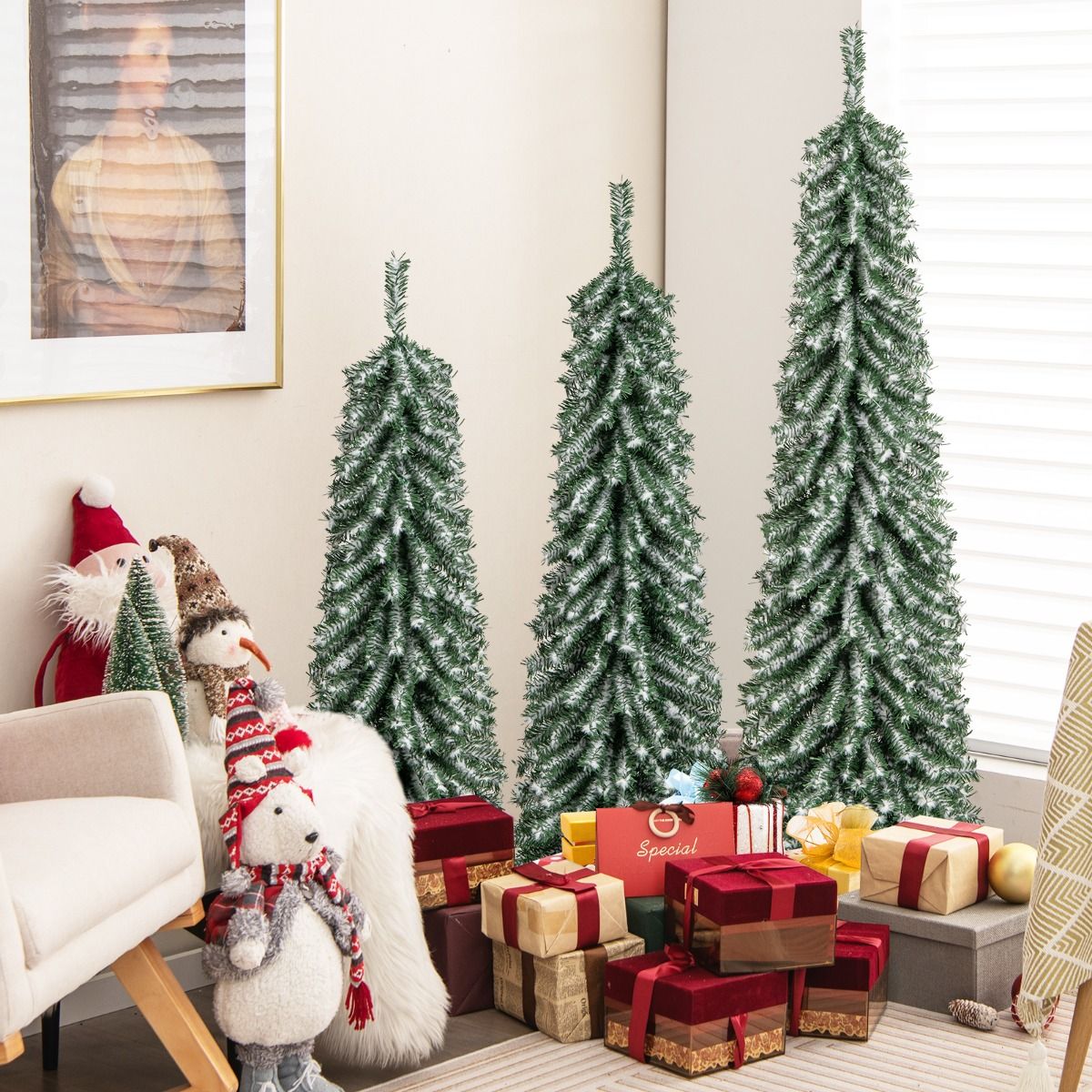Coast Kunstkerstbomen Set - potloodvorm - met nepsneeuw en LED-verlichting - 120/150/180 cm