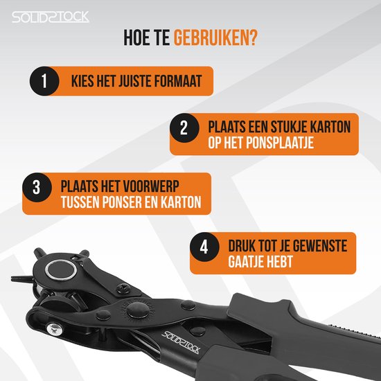 SolidStock Professionele Gaatjestang voor riem - Inclusief Meetlat - Ponstang - Revolvertang - Zwart