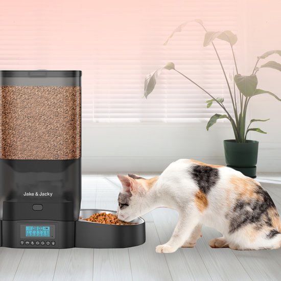 Jake and Jacky Automatische voerbak Kat en Hond - 5 Liter - Incl. RVS Voerbak & Slowfeeder - Voerautomaat & Anti-Schrokbak - Voerdispenser - Eetbak voor Katten & Honden - Zwart