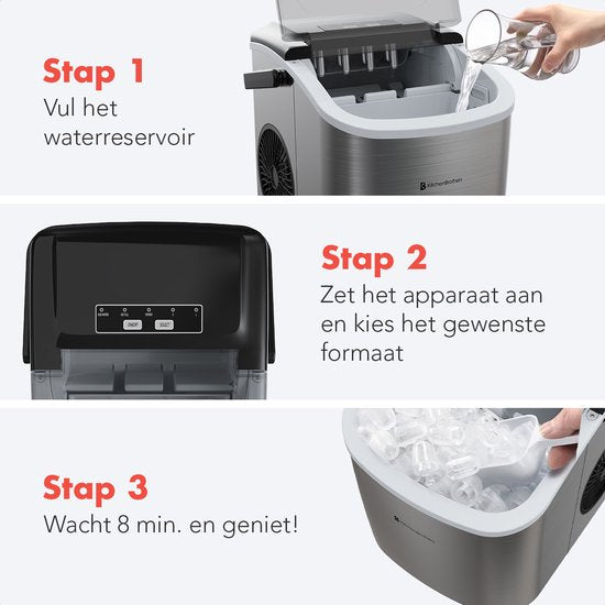 KitchenBrothers IJsblokjesmachine - 1.2L - IJsklontjes maker - IJsschep – 12kg/24 uur – Draagbaar – Zelfreinigingsfunctie - RVS