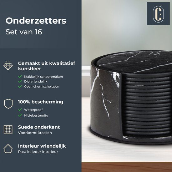 Castagnola Kunstlederen Onderzetters – Onderzetters voor Glazen – Design Onderzetters met Houder – Leren Onderzettersset – Leder – Set van 16 – Marmer look - Zwart/Wit
