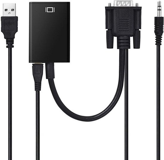 Techvavo® VGA (+ Audio) naar HDMI Adapter Converter Universeel - Met 3.5MM Jack Aux & USB Voeding Kabel - Analoog Naar Digitaal Video Omvormer - Male To Female - 1080P Full HD - inclusief USB voedingskabel