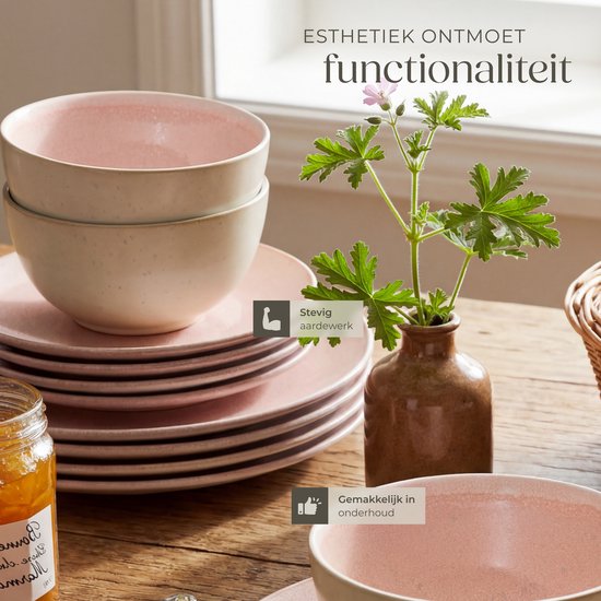 tectake® Serviesset Mare - 24-delig - Aardewerk met Glanzend Glazuur - 6 Persoons - Handgemaakt Servies - Moderne Bordenset met Grote en Kleine Borden, Kommen, Schaaltjes - Vaatwasser- en Magnetronbestendig - Roze