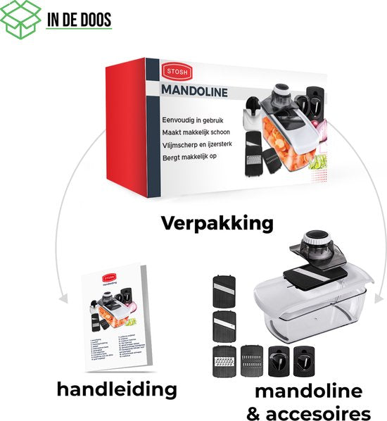 Stosh Mandoline - Groentesnijder - Uiensnijder - Spiraalsnijder - Rasp - 6-delig - Kunststof - BPA vrij - Zwart/Wit