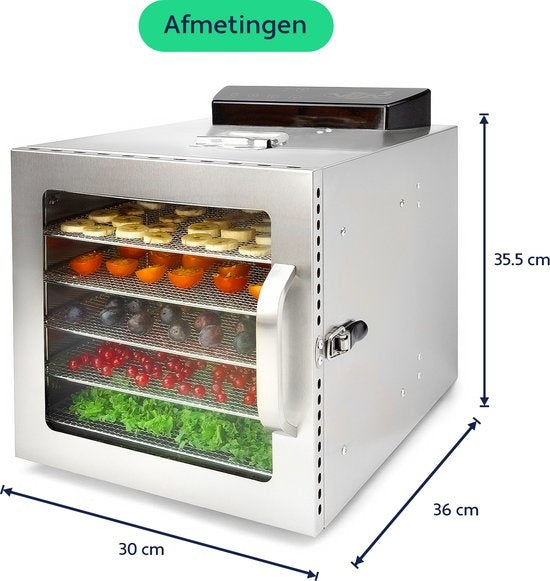 Vita5 Nobel S Voedseldroger – Droogoven - RVS – 24-Uurs Timer - 30-90°C – 400 Watt – Led-bedieningspaneel – Dehydrator – 6 Laags - Voedsel drogen op extreem lage temperatuur van slechts 30°C