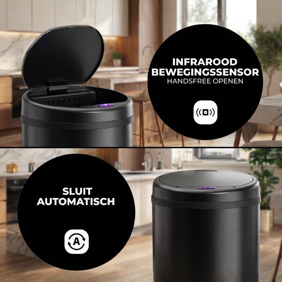 Bayt Prullenbak - Prullenbak 50 Liter - Prullenbak met Sensor - Vuilnisbak - Afvalbak - Afvalemmer - Zwart