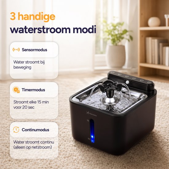 Viervoeter® Draadloze Drinkfontein RVS - Sensor Waterfontein voor Kat en Hond - Inclusief 3 filters - 3,2L - 30d batterijduur - Fluisterstil