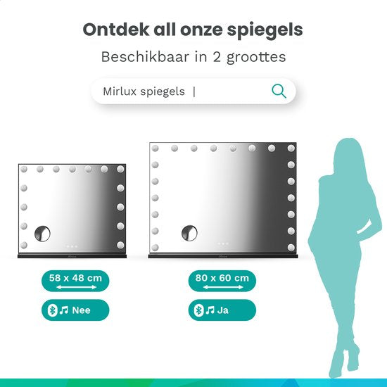 Mirlux Hollywood Spiegel 80x60CM - 2 Bluetooth Speakers - USB & USB-C Oplaadpoorten - LED Verlichting - Make Up Spiegels - 10x Zoom - Ophangbaar - Zwart