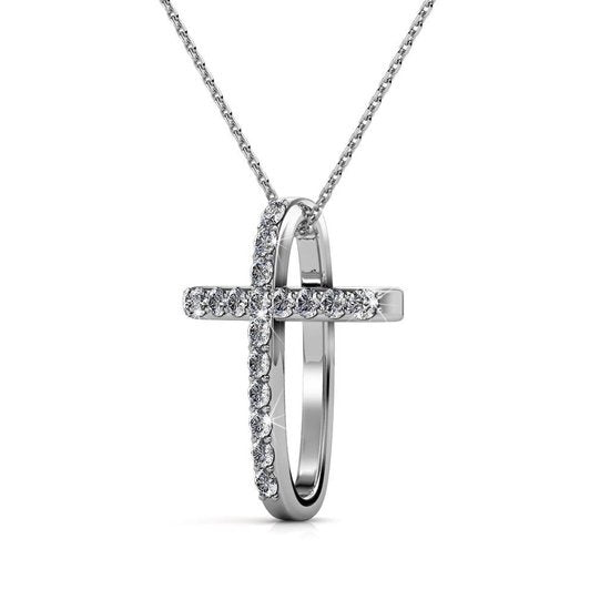 Yolora Dames Ketting met Kruis Hanger en Kalpa Camaka Kristallen - Zilver kleurig - 18K Witgoud Verguld - Cadeauverpakking