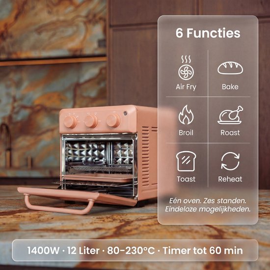 Safecourt 6-in-1 Airfyer oven - 100% PFAS-vrij - 6 programma’s - 80 tot 230 graden - Airfryer, bakken, roosteren, toasten, grillen & opwarmen - Roze