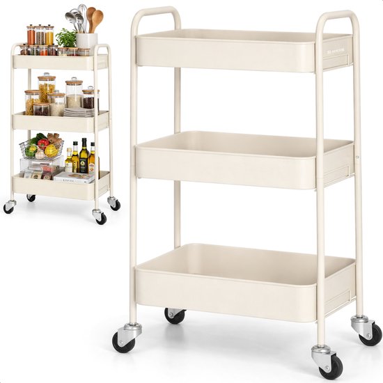 Keuken trolley op Wieltjes - 3 laags - Keukenrek - Serveerwagen - Kastje - Karretje - Opberg - Douche kastjes staand - Rekje - Beige - Luft