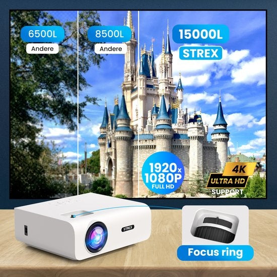 Strex Beamer - 1080P Full HD - 15000 Lumen - Draadloos Streamen - Inclusief Tas/Projectiescherm - WiFi - Bluetooth