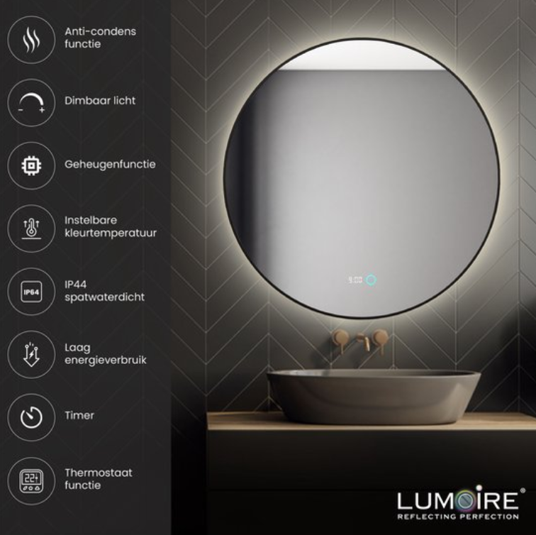 Lumoire Neon 8000 Spiegel met Verlichting - Zwarte Rand - Ø 80 cm - Rond, Anticondens, Klok