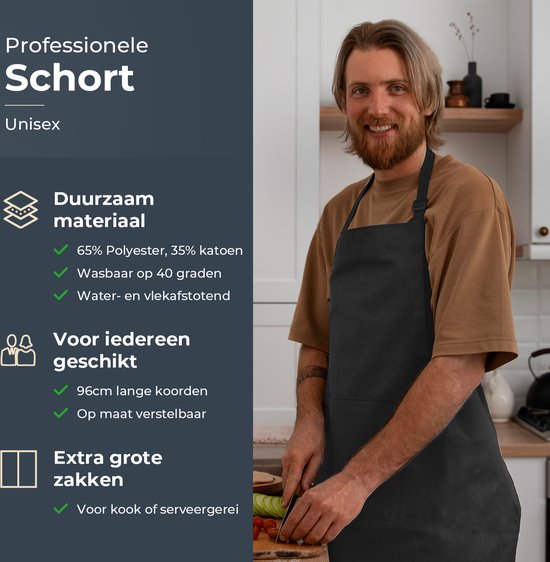 Keukenschort - Water- en vuilafstotend - Professioneel Kookschort - Schort voor Dames en Heren - Horeca Sloof - Unisex - Verstelbare Gesp - Extra Grote Vakken - Grijs