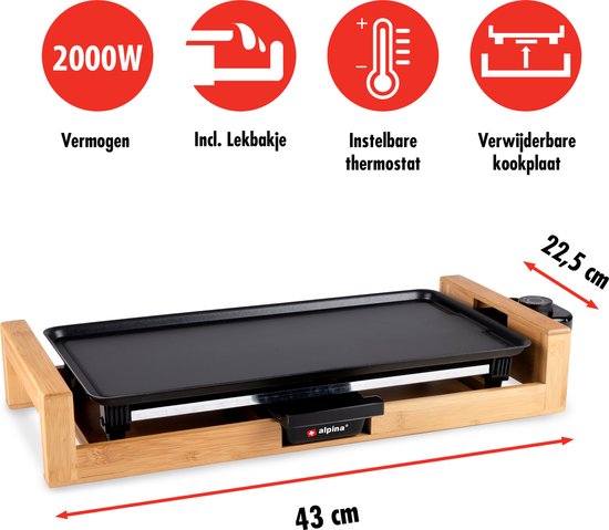 alpina Teppanyaki Bakplaat - Tafelgrill - Anti-aanbaklaag - 2000W - 43x22,5cm - Zwart
