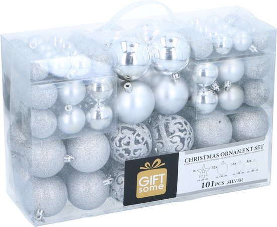 Giftsome Zilveren Kerstballen Set - 101 Kunststof Kerstballen - Incl. Zilveren Piek - Kerst Decoratie - 3/4/6 cm