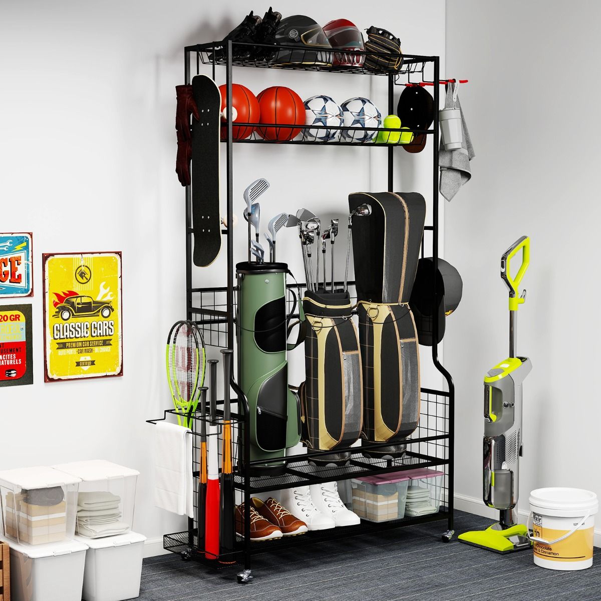Coast Sportartikelenorganizer - met wieltjes - 4 haken - extra rek voor rackets - zwart 132 x 40,5 x 194 cm