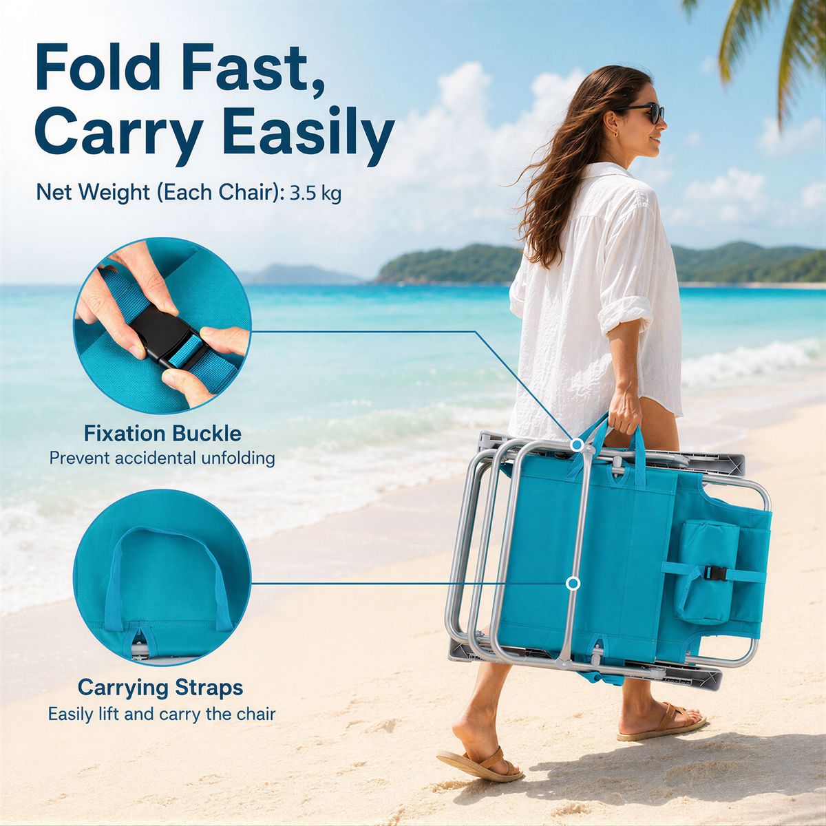 Coast Strandstoel 2-delige set - opvouwbaar met verstelbare rugleuning en hoofdsteun - turquoise