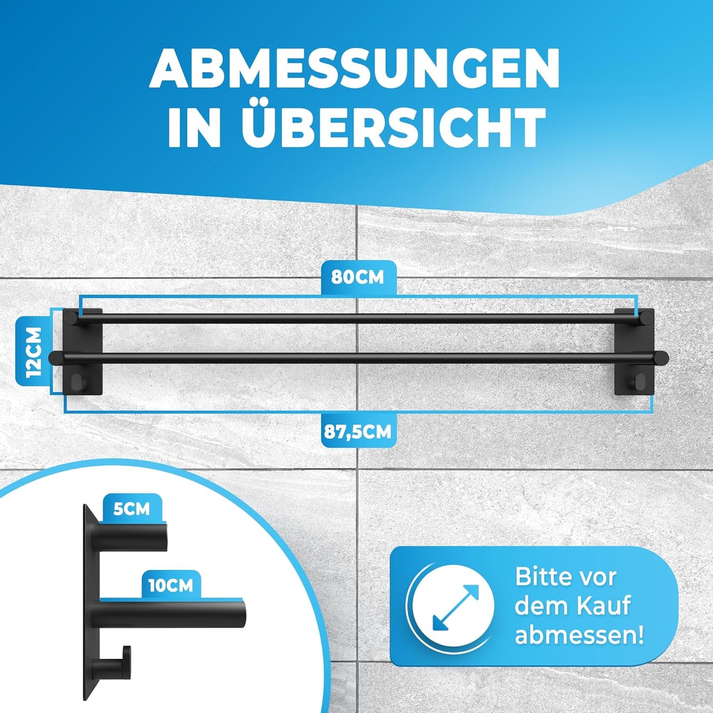 LOBUX® - Handdoekstang zonder boren zwart - 80cm, roestvrij staal - Handdoekstang badkamer dubbel, zelfklevend - Handdoekstang, handdoekrek incl. 2 handdoekhaken - Badkamer, douchewand, keuken