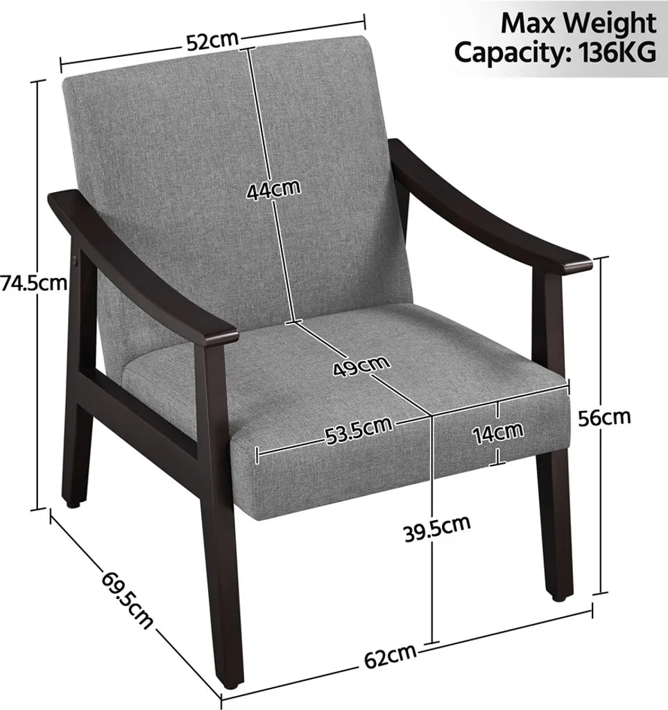 Yaheetech Retro Fauteuil - Houten Armleuningen - Gepolsterd - 136 kg - Donkergrijs