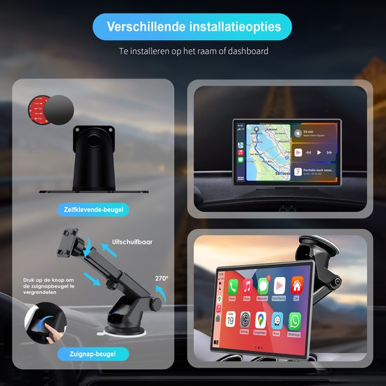 Strolox Carplay scherm 9 inch - Geschikt voor Apple carplay & Android Auto - Draadloze - Navigatiesysteem - Universeel Auto Stereo Bluetooth - USB-C aansluiting - 2 montage beugels - 2024