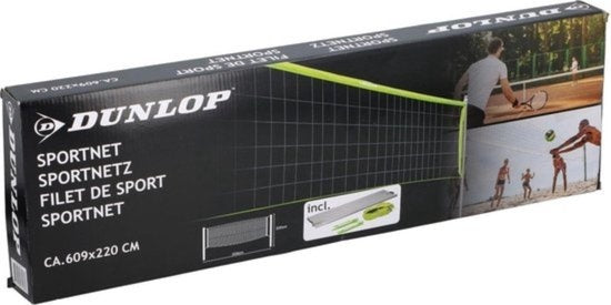 Dunlop Sportnet 609 x 220 CM - Volleybalnet - Tennisnet - Badmintonnet - Complete Set met Stokken, Net, Grondpinnen en Spanner Touwen - Multifunctioneel Inzetbaar - Groen/Zwart