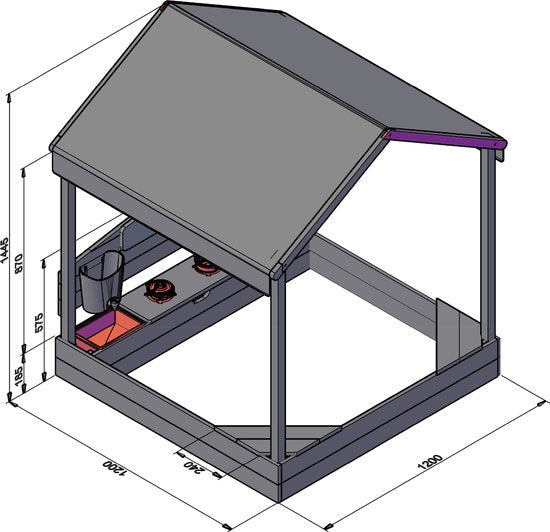 AXI Meli Zandbak & Speelhuisje 120 x 120 cm met Speelkeuken – Bruin - Met Dak – FSC hout – Met Krijtbord, Watertank en 6-delig Speelgoed Kookset – Met 2 Bankjes - Inclusief gronddoek – 10 jaar garantie