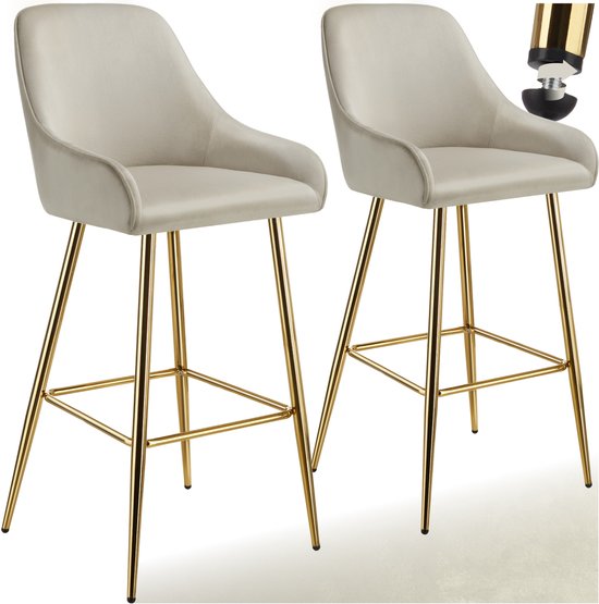 tectake® - Set van 2 Barkrukken Avane - Gestoffeerde Barkruk met rugleuning - Barstoelen - Ergonomische Barstoel met voetensteun - Eetkamerstoel met fluweellook bekleding - Stevige stalen poten met antislip vloerbescherming - Crème/Goud