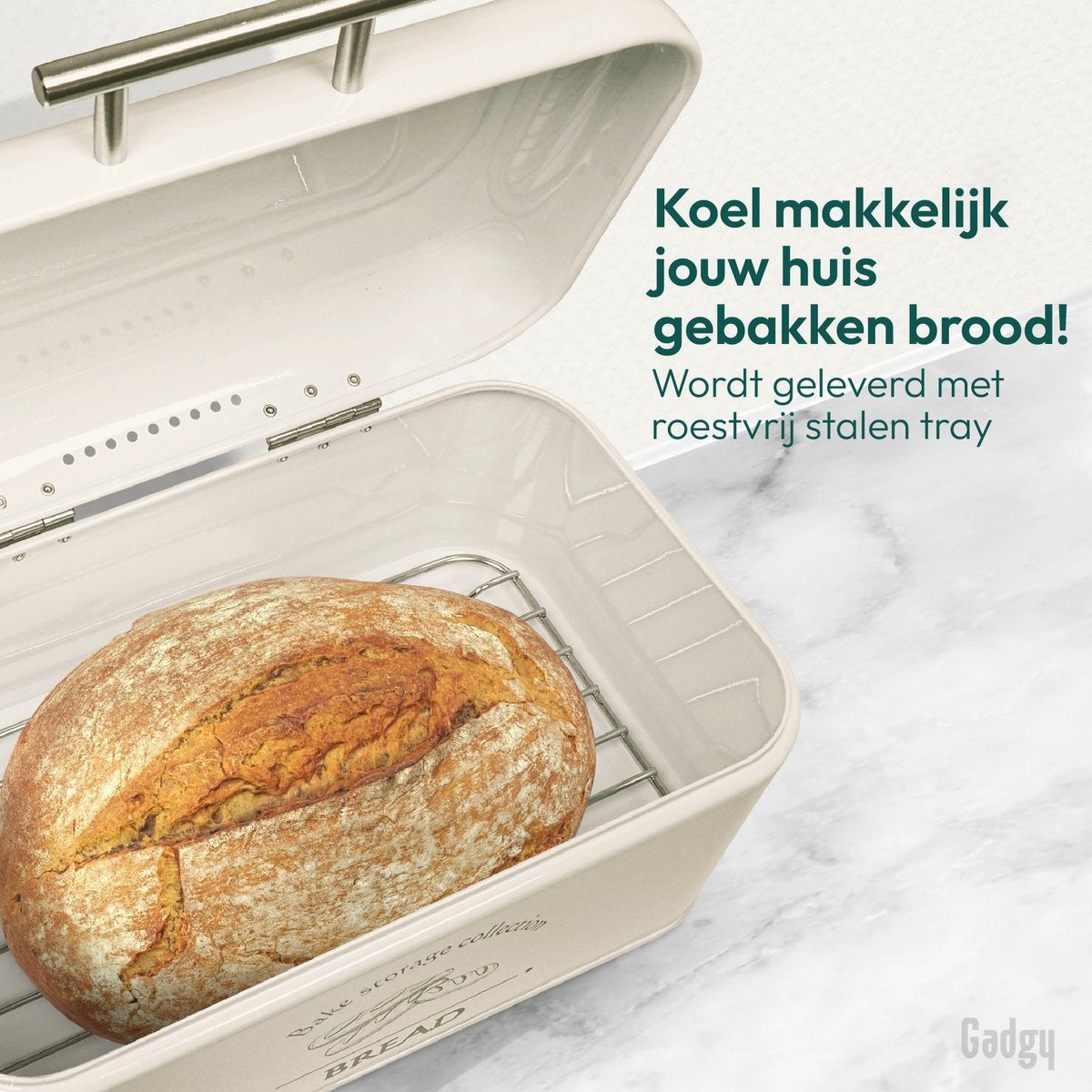 Gadgy Broodtrommel - Met Klepdeksel en Kruimelrek - Brooddoos - Off White - Metaal - Brood Bewaardoos