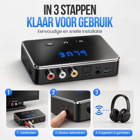 Strex Bluetooth Transmitter en Receiver 3 in 1 Adapter - Bluetooth Audio Zender en Ontvanger - Bluetooth 6.0 - AUX/RCA/Optisch - Draadloos - 15 meter bereik