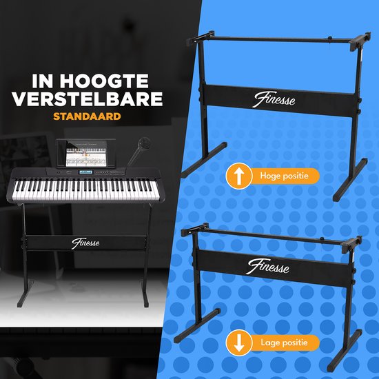 Finesse Keyboard Piano - Statief & Accessoires - 61 Keys - MIDI - Digitale Piano - Elektrische Piano - Kind - Zwart/Wit