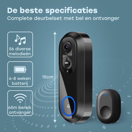 Audyn Video Deurbel met Camera - Draadloze - Slimme Deurbel - WiFi - 1080P - Geen Abonnement - Incl. Draadloze Gong