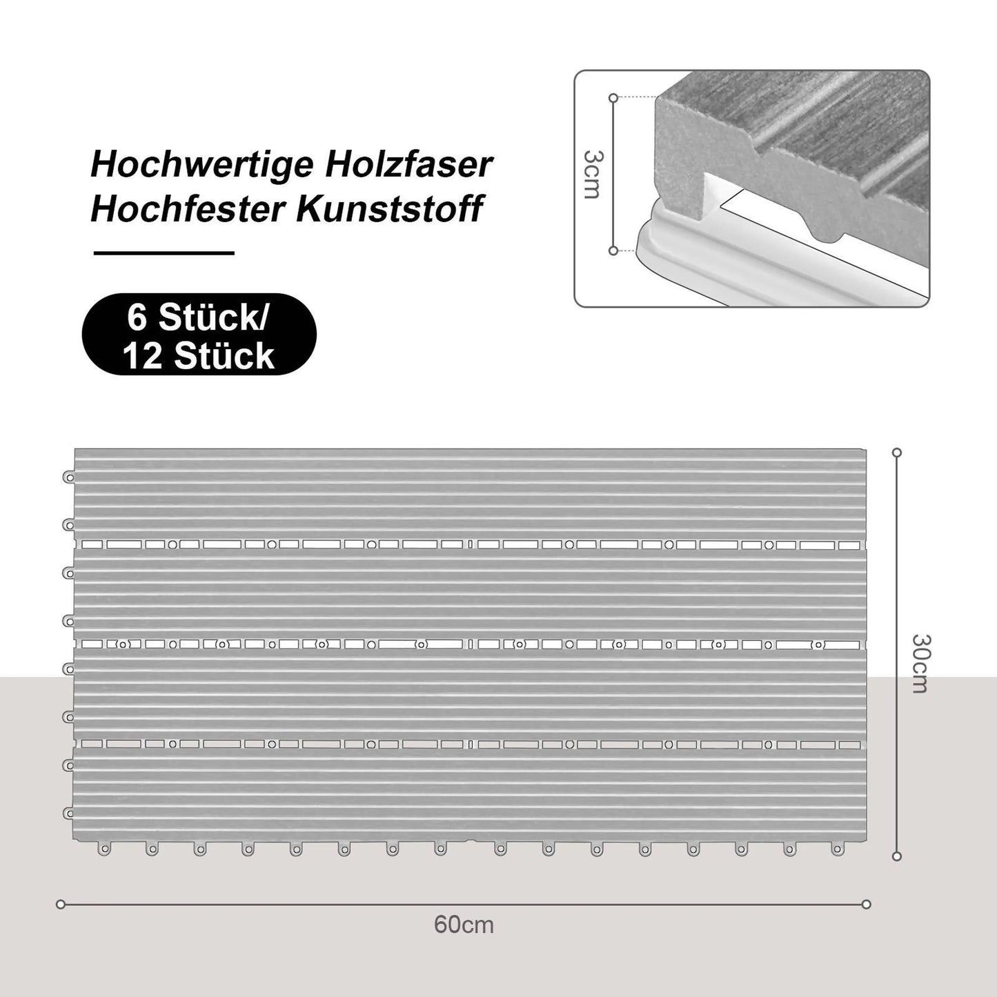 EUGAD WPC Terrastegels 30 x 60 cm - 12 Stuks - 2 m² - Kliksysteem - Diverse Kleuren