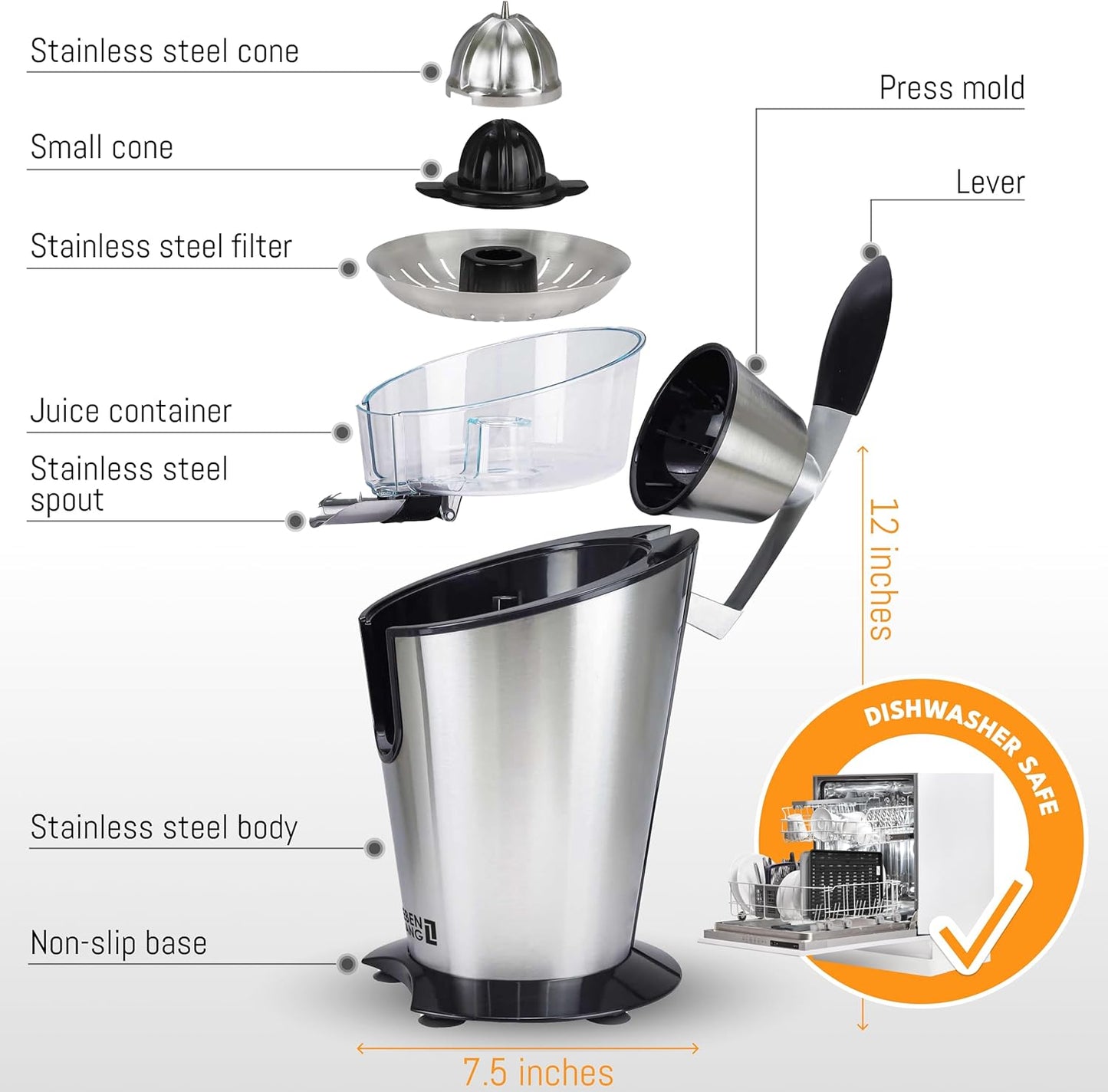 LEBENLANG Elektrische Citruspers – 600W  – 20 x 20 x 31 cm – Zilver
