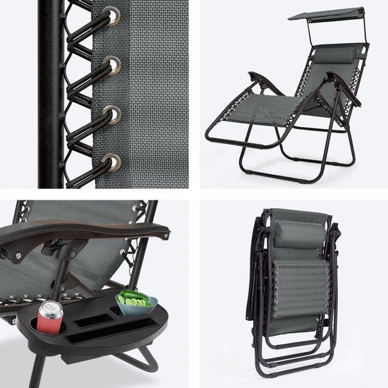LifeGoods Opvouwbare Tuinstoelen - met Luifel - Verstelbaar Zonnescherm - 2 Stuks - 30°-90° Verstelbaar - Metaal - Donkergrijs
