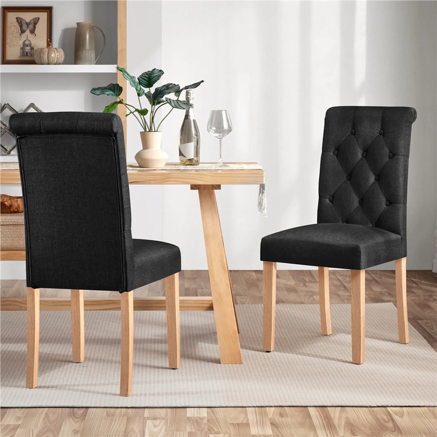 Yaheetech Eetkamerstoel Met Hoge Rugleuning 2 Stuks – Voorzien Van Gecapitonneerde Rug En Massief Eikenhouten Poten En Verstelbare Beschermpoten – Voor Keuken En Restaurant – Zwart Polyester En Eikenhout – 45,5 x 62 x 98,5 cm